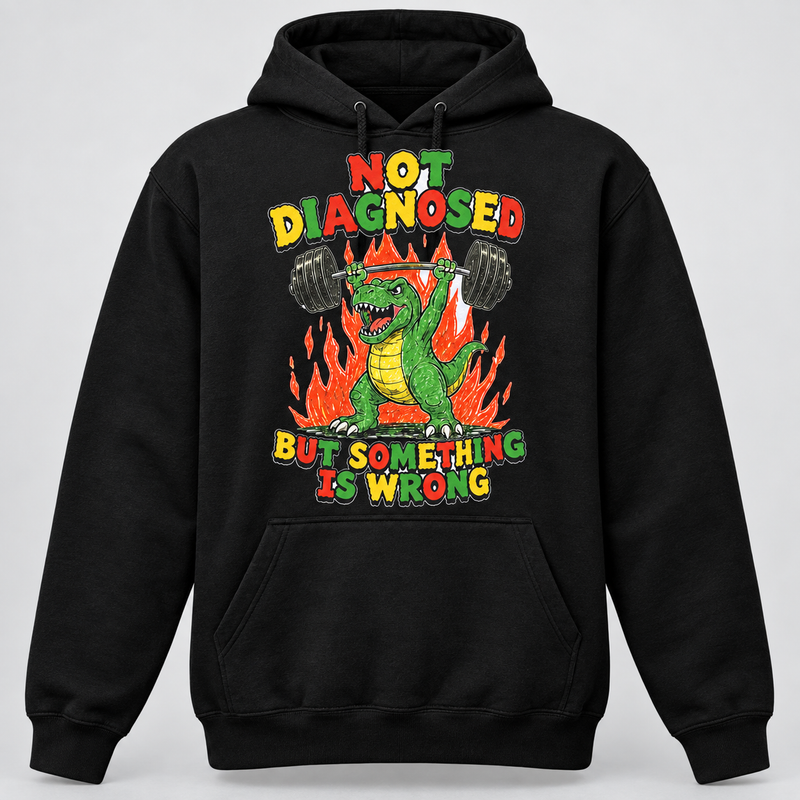 Black hoodie featuring the Not Diagnosed dinosaur design